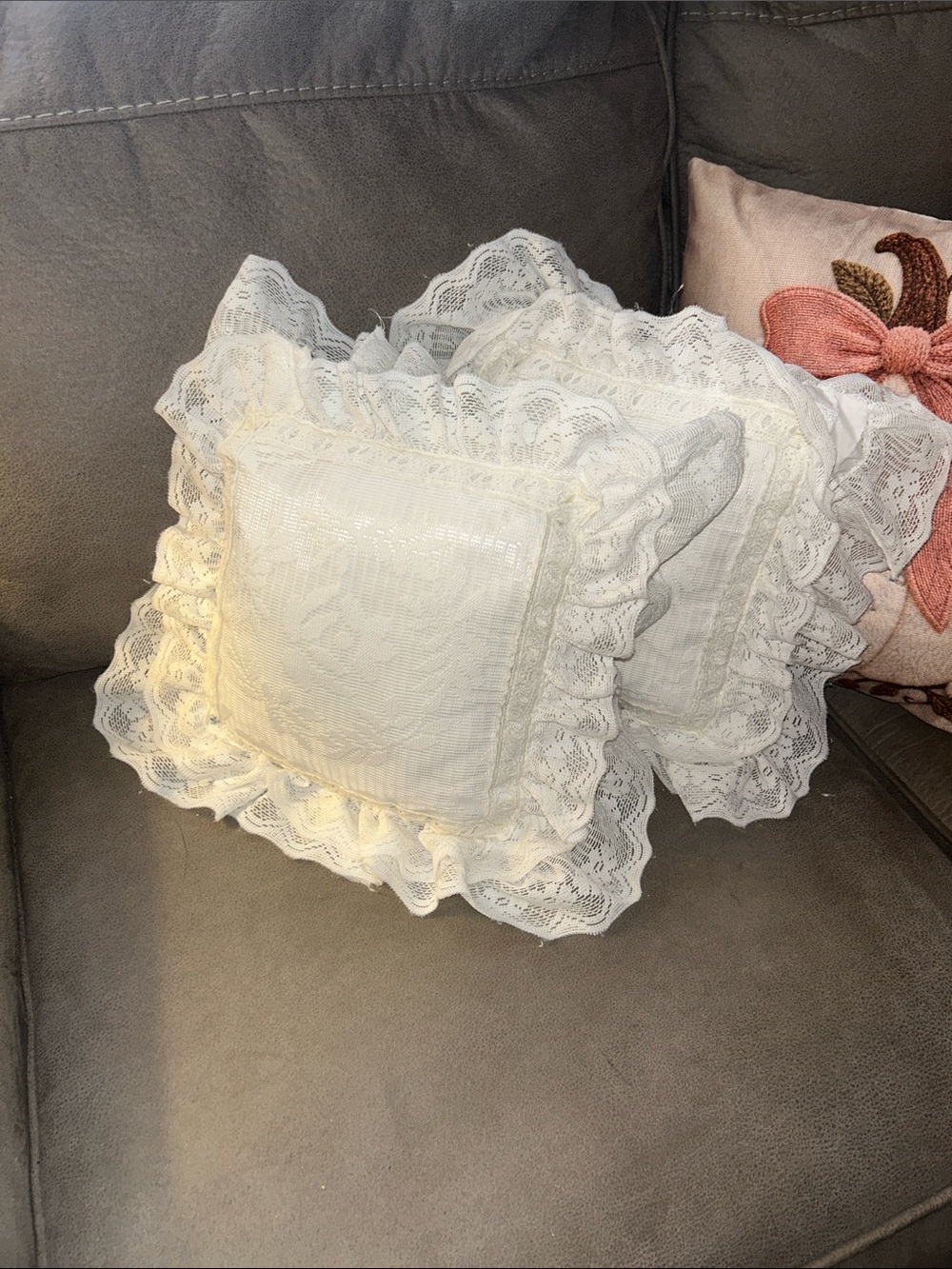 Vintage 70s White Lace Accent Pillows, Handmade, Boho Cottage Fairy Core